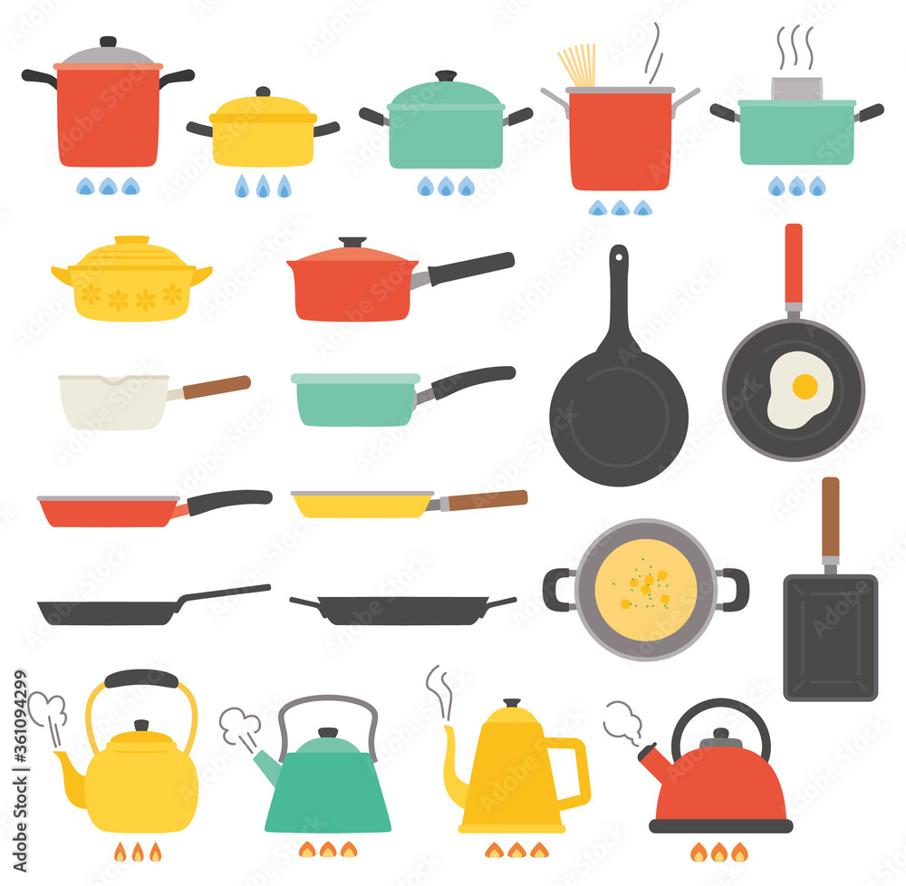 なべ やかん フライパンなどの調理器具のベクターイラストセット Stock ベクター Adobe Stock なべ やかん フライパンなどの調理器具のベクターイラストセット Stock ベクター Adobe Stock