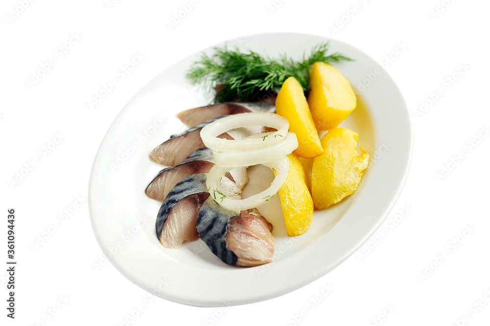 Mackerel fish dish with potatoes and onion.