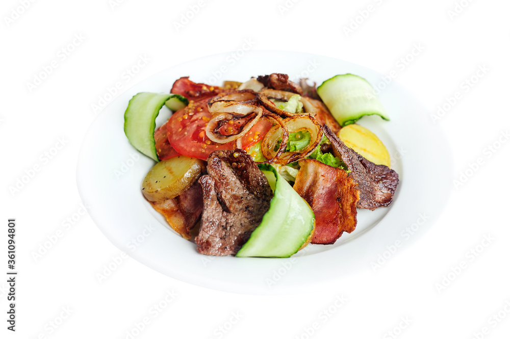Salad with beef, cucumber, tomato, cheese and lettuce isolated on white Salad with beef, cucumber, tomato, cheese and lettuce isolated on white