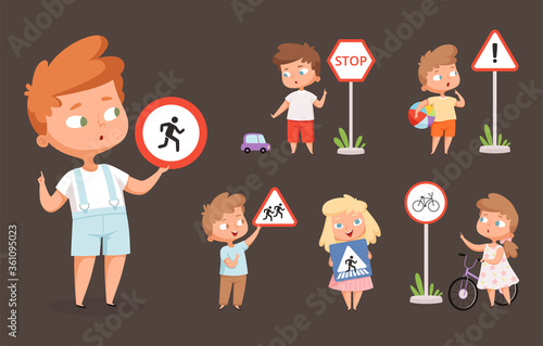 Kids rules road. School people with traffic signs safety education crossing road traffic lights vector cartoon characters. Sign road for pedestrian, child education traffic and crosswalk illustration