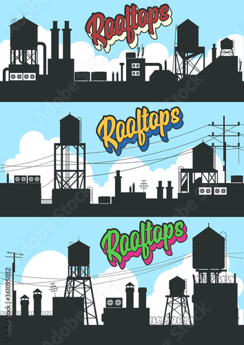 Old City Roofs Silhouettes, Retro Water Towers on the Rooftops 