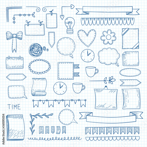 Diary doodle notes. Hand drawn graphic shapes frames for notebook daily bullet journal ideas vector labels. Diary notebook, collection scribble sketchbook elements illustration