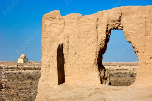 The ancient city of Merv, Turkmenistan, under a clear blue summer sky.