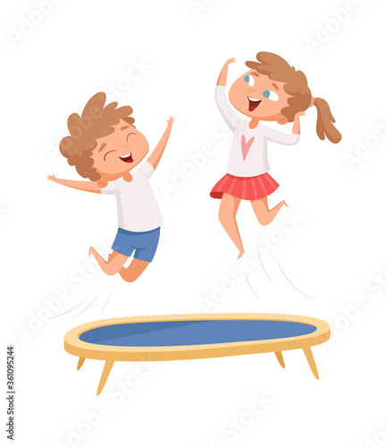 Trampoline jumping. Children sport games. Happy cartoon kids have fun. Isolated boy girl playing vector illustration. Girl and boy jump on trampoline