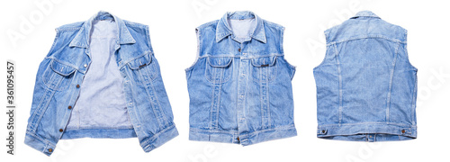 Denim vest set, set of denim vest, jeans vest front back view. Folded Vest isolated on white background copy space