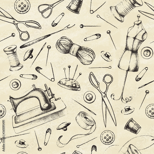 Set of needlework - scissors, measuring tape, mannequin, sewing. Retro vintage style. Seamless pattern. Vector illustration