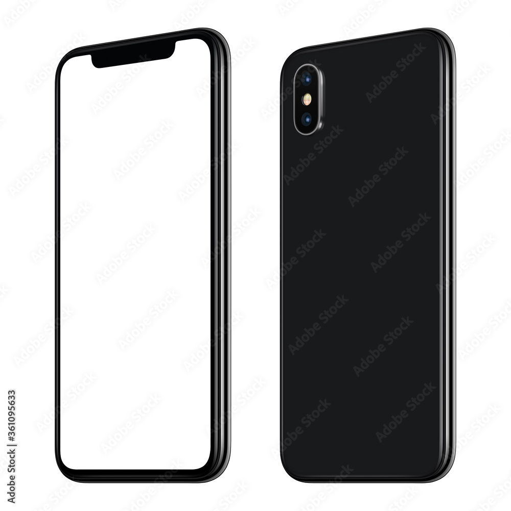 Rotated smartphone mockup front and back side. New modern black frameless smartphone mockup with blank white screen and back side with dual camera module. Isolated on white background. Rotated smartphone mockup front and back side. New modern black frameless smartphone mockup with blank white screen and back side with dual camera module. Isolated on white background.
