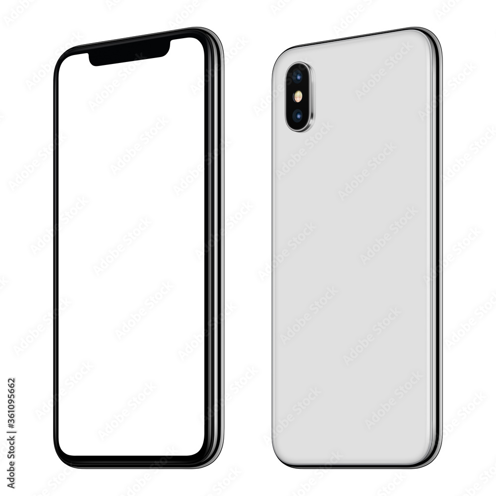 Rotated smartphone mockup front and back side. New modern white frameless smartphone mockup with blank white screen and back side with dual camera module. Isolated on white background. Rotated smartphone mockup front and back side. New modern white frameless smartphone mockup with blank white screen and back side with dual camera module. Isolated on white background.