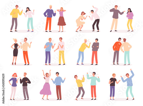 Quarrel people. Unhappy conflict family bad relationship trouble couples screaming disrespected characters angry father and mother vector illustrations. People shouting, disagreement characters angry