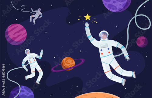 Space background. Astronaut in suit working on asteroids or moon professional cosmonaut vector person. Astronaut and cosmonaut flying in universe illustration