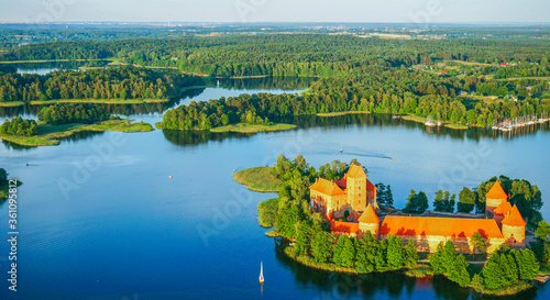 Trakai castle at Galves lake aerial view from balloon.
 photo