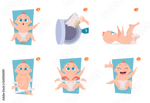 Changing diapers steps. Healthcare medical announce pictures to parents baby care vector illustration. Change process diaper, small and young baby