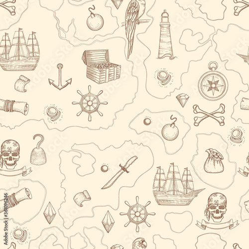 Pirate map seamless. Nautical vintage detailed adventure map with treasures and sea objects ships weapons creatures. Vector pattern. Sea adventure, pirate treasure in ocean island illustration