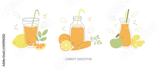 Carrot smoothie. Set of glasses with orange smoothie and juice. Doodle glasses with healthy drinks. Collection of summer beverages in modern line style. Colourful bottles, fruits, and vegetables.