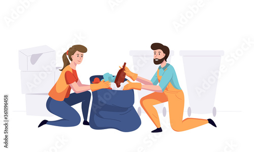 Man with woman from cleaning company staff collecting garbage in package. Vector illustration in a flat style