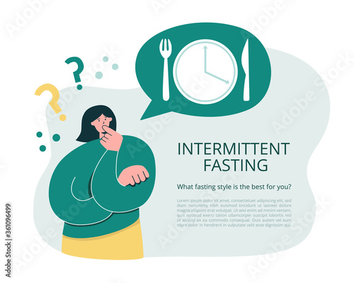 Woman thinks over Intermittent Fasting. Girl considers starting Time restricted eating. Oversized woman questioning interval fasting. Informational leaflet, card or flyer template design.