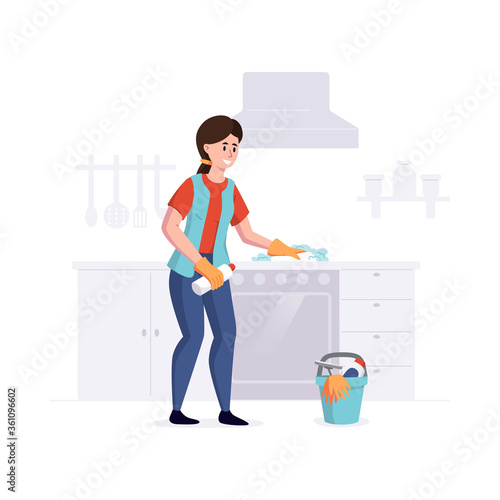 Woman from a cleaning service professional cleans cooking surface in the kitchen. Vector illustration