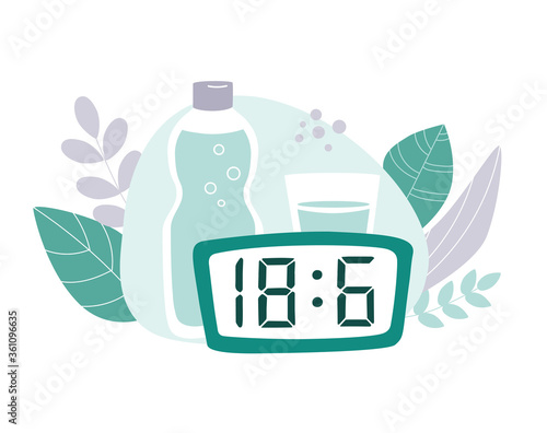 Intermittent fasting protocol 18 to 6 hours. Clock, bottle and glass of water with plants around. Vector illustration on the Time restricted eating plan. Vector flat illustration on healthy eating.