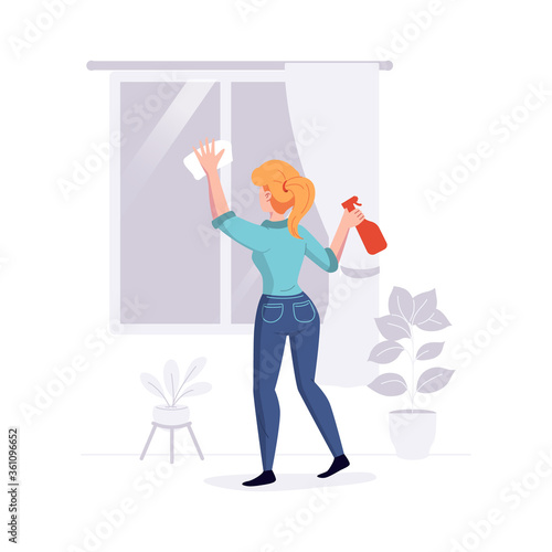 Cleaning professional staff cleans the house. Woman from the cleaning service washes the windows duties offer. Vector illustration