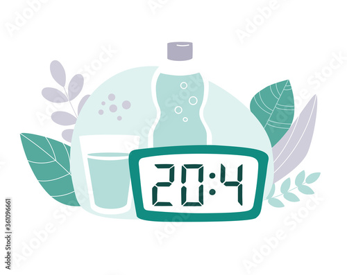 Intermittent fasting protocol 20 to 4 hours. Clock, bottle and glass of water with plants around. Vector illustration on the Time restricted eating plan. Vector flat illustration on healthy eating.