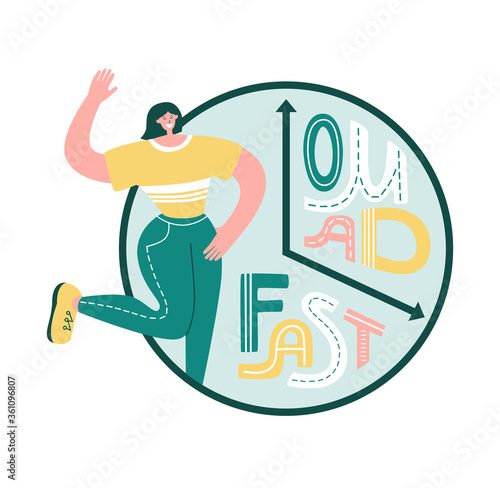 One Meal A Day - Fast. Intermittent fasting concept. Clock face with hand lettering. Happy woman smiling near the clock. Time restricted eating plan. Healthy eating lifestyle.