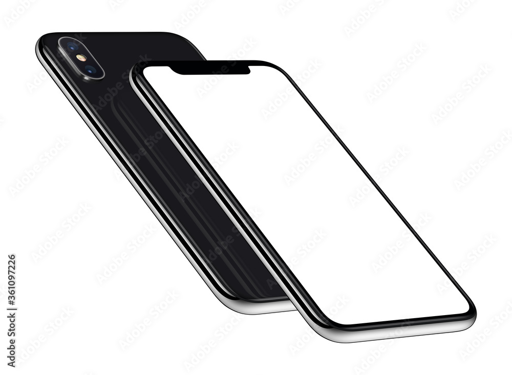 Perspective smartphones mockup front and back side one above the other. New modern black frameless smartphones with blank white screen and back side. Isolated on white background. Perspective smartphones mockup front and back side one above the other. New modern black frameless smartphones with blank white screen and back side. Isolated on white background.