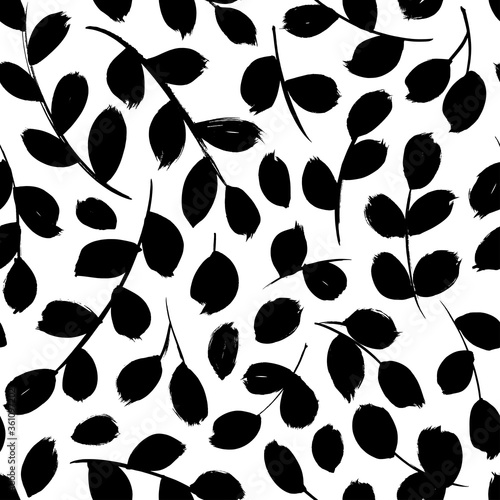 Eucalyptus leaves and branches vector seamless pattern. Brush leaves and twigs. Black branch modern ornament. Black ink texture with foliage. Hand drawn eucalyptus, laurel twig. Abstract plant motif