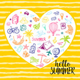 Hello summer card with hand drawn holiday, vacation, travel doodles in a shape of heart