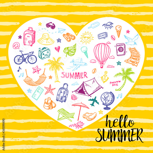 Hello summer card with hand drawn holiday, vacation, travel doodles in a shape of heart