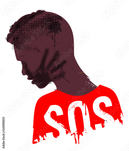 

Black man, Victim of violence, racism. 
Illustration of Stylized Young man grunge silhouette with hand print on the face and SOS inscription. Vector available.