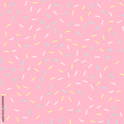 Seamless background. Pink donut glaze or ice cream top with many decorative sprinkles. Celebration confetti pattern