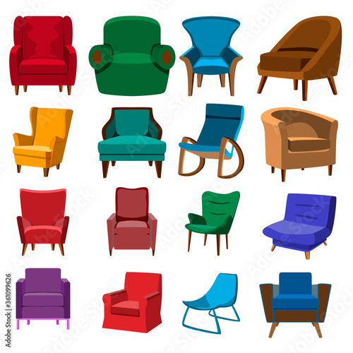 A large set of images of armchairs. A set for different purposes in design, interior and other.