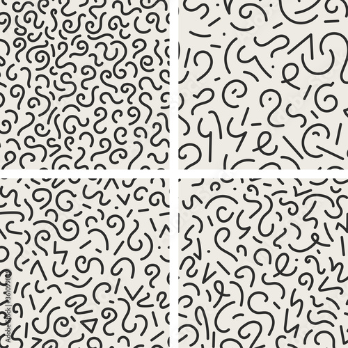 Set of 4 seamless trendy fashion abstract backgrounds in doodle style. Vector creative patterns