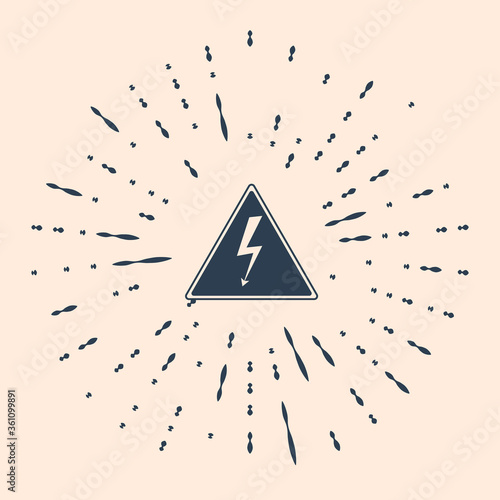 Black High voltage sign icon isolated on beige background. Danger symbol. Arrow in triangle. Warning icon. Abstract circle random dots. Vector Illustration.