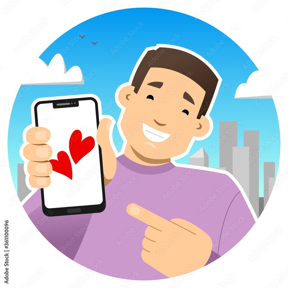 online dating, dating site; smiling guy with a phone. Shows the phone screen, points to it with a finger. Hearts on the phone screen. Declaration of love, Valentine's Day. Round icon.
