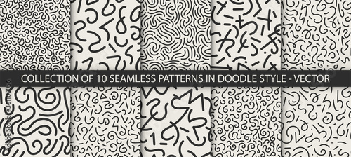 Collection of 10 seamless trendy fashion abstract backgrounds in doodle style. Vector creative patterns