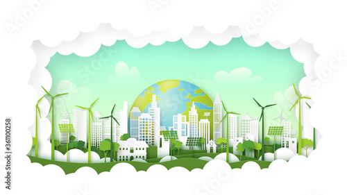 Green eco city on natural background.Ecology and environment conservation resource sustainable concept.Vector illustration.