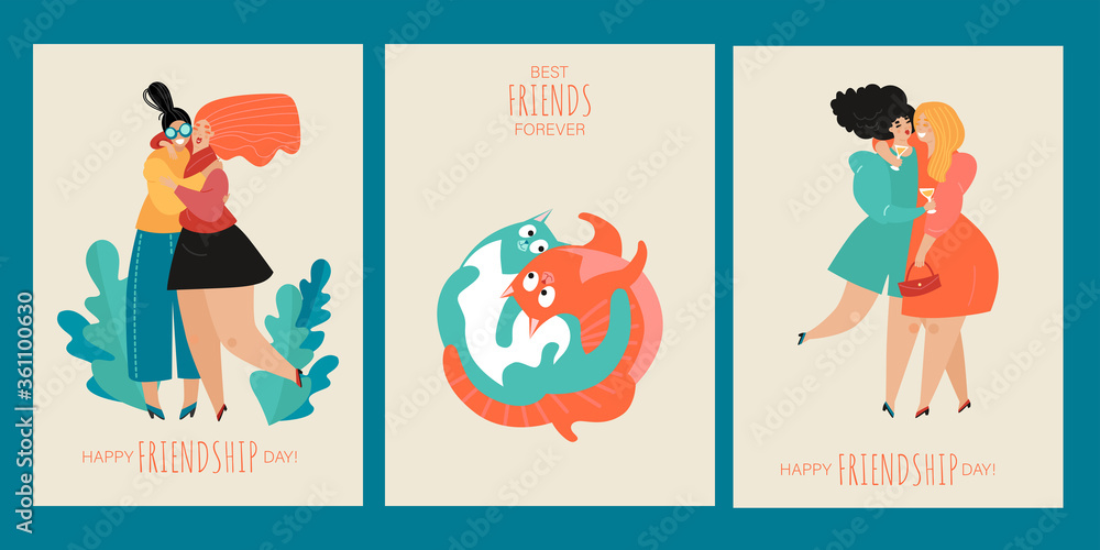 Set of vector greeting card or banner templates for friendship day with funny hugging girls and cats. Best friends forever. Set of vector greeting card or banner templates for friendship day with funny hugging girls and cats. Best friends forever.