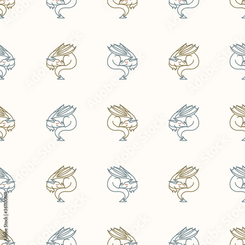 Seamless background sleeping dragons gender neutral baby pattern. Simple whimsical minimal earthy 2 tone color. Kids nursery wallpaper or boho cartoon animal fashion all over print.