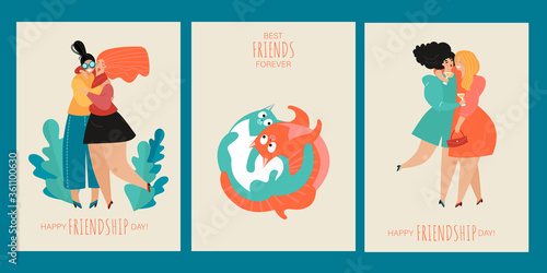 Set of vector greeting card or banner templates for friendship day with funny hugging girls and cats. Best friends forever.