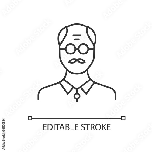 Senior man linear icon. Male elder. Old person. Grandfather with mustache. Middle age man. Thin line customizable illustration. Contour symbol. Vector isolated outline drawing. Editable stroke