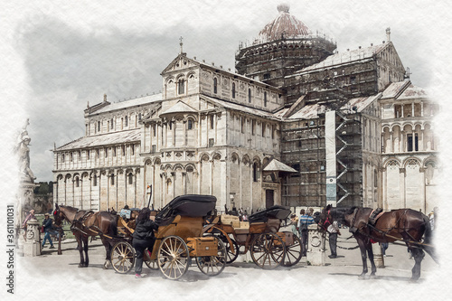 Watercolor picture of historical square at Piazza dei Miracoli in Pisa, Italy