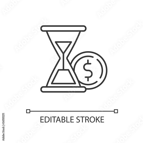 Countdown to payment linear icon. Hourglass watch with gold coin. Economic and financial service. Thin line customizable illustration. Contour symbol. Vector isolated outline drawing. Editable stroke