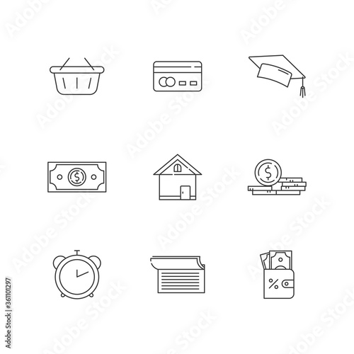 Credit money linear icons set. Online shopping. Student scholarship. Financial benefit. Customizable thin line contour symbols. Isolated vector outline illustrations. Editable stroke