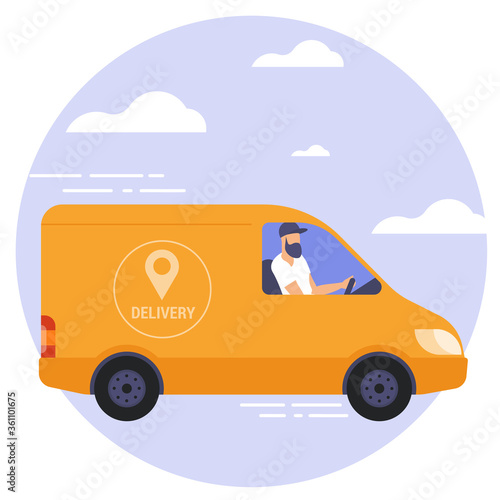 Flat design vector illustration of delivery van. Online delivery service concept, online order tracking, delivery home and office. © mushakesa