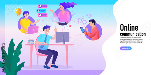 A business team collaborating online from different locations. A manager at a computer coordinates with a creative person, a marketer, and a mobile user. Concept of a digital network and workflow.