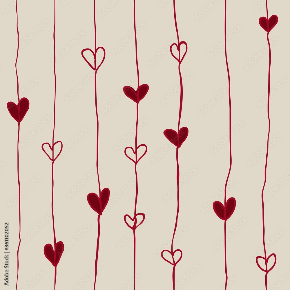simple childish hand dawn red hearts continuous lines art seamless pattern for background, wallpaper, banner, label, card, cover for valentine's day or some romantic occasion. vector design