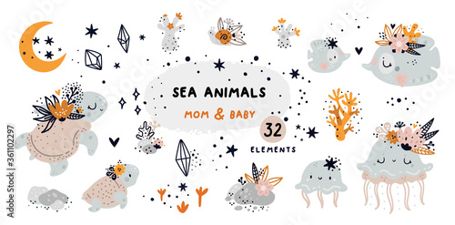 Childish collection, marine themes: plants, corals, flowers, fish, turtle, jellyfish, shells, snail, ocean, stars, moon, sea animals. Vector cartoon doodle set of marine life for creatures 