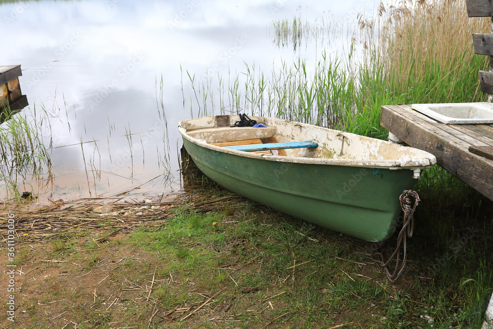 Fishing boat on shore of Lake Seliger