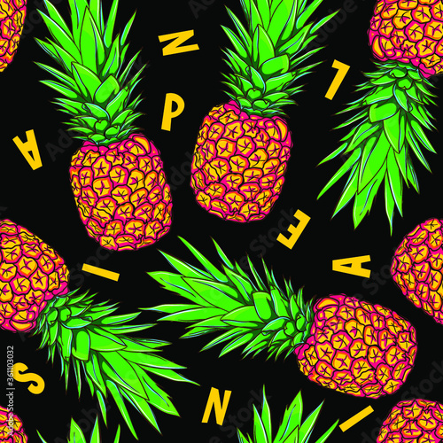 Seamless fruit pattern with ananas (pineapple) on black background with yellow letters randomly located. Trendy summer food ornament. Stylish pattern with neon and bright colors 